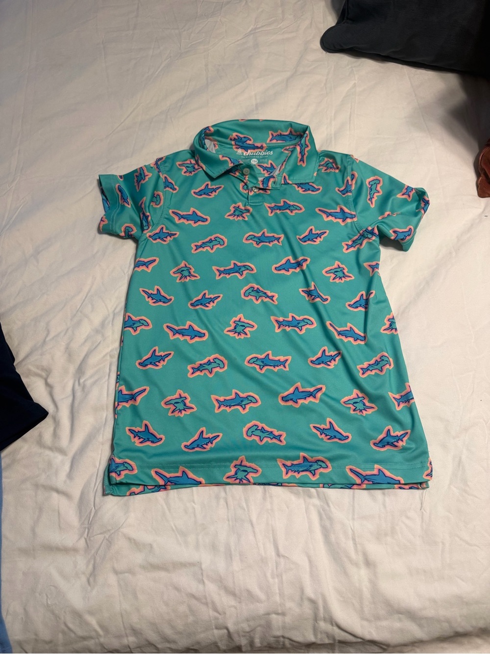 chubbies Teal Polo with Pink & Blue Shark Print
